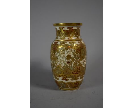 A Japanese Meiji period Satsuma Vase Finely Decorated with Gilt and Enamel Depicting Birds Among Foliate, 14.5cm High 