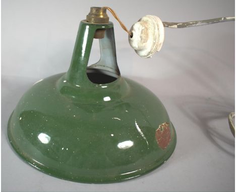 A Vintage Green Enamelled Coolicon Pendant Light Fitting 