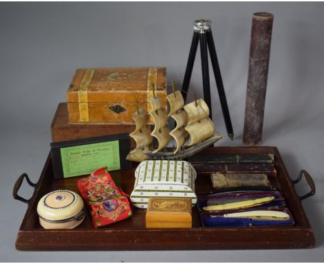 A Collection of Sundries to include Two Handled Wooden Drinks Tray, Camera Tripod, Enamelled Cigarette Box, Order of Forester