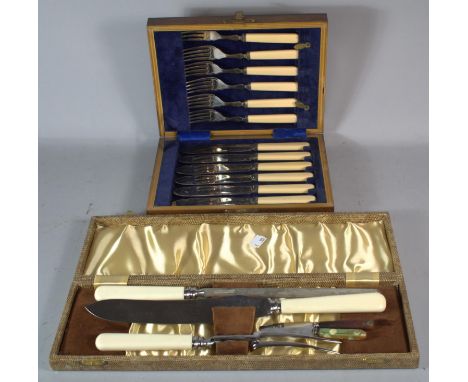 A Cased Vintage Bone Handled Carving Set and a Set of Six Fish Knives and Forks 