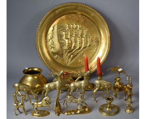 A Collection of Brasswares to include Stag Ornament, Tray, Vase, Teapot, Candlesticks Etc 