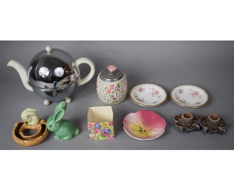 A Heatmaster Style Teapot, Two Wade Candle Sticks, Wade Preserve Pot, Sylvac Rabbit, Hornsea Pin Dish and Royal Winton Chintz