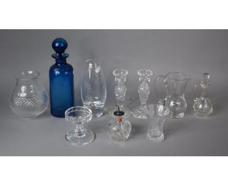 A Collection of Glassware to Include Pair of Cut Glass Candlesticks, Blue Glass Decanter, Etched Glass Vase, Dartington Glass