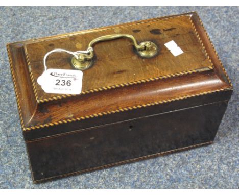 18th Century mahogany tea caddy with herringbone strung edges, brass loop handle and fitted interior. (B.P. 24% incl. VAT)