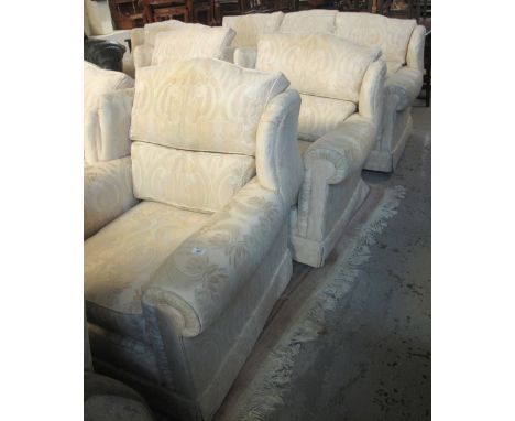 Modern art nouveau design upholstered six piece suite comprising: large three seater sofa and five armchairs. (6)(B.P. 24% in