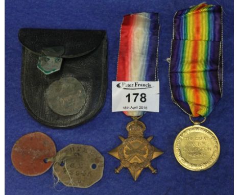 First World War old contemptibles medal duo with two leather dog tags in small leather pouch. Awarded to Lance Corporal C. Cu
