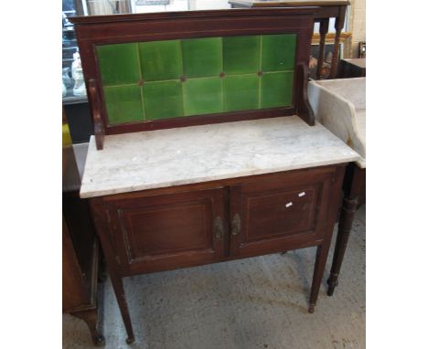 Early 20th Century mahogany inlaid tile back marble top washstand. (B.P. 24% incl. VAT)