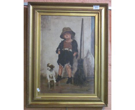 'Jessie' (early 20th Century, British School), portrait of an urchin with dog, oils on board. 42 x 37cm approx, framed. (B.P.