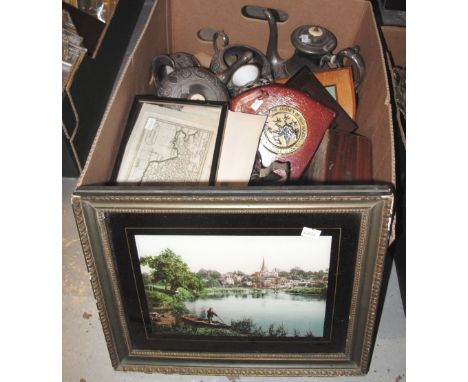 Tray of miscellaneous items to include: pewter tea service, framed prints, cloisonne vase etc. (B.P. 24% incl. VAT)
