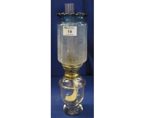 Small glass oil lamp with brass burner, loaded base, etched glass shade and clear chimney.  34cm high.(B.P. 24% incl. VAT)   