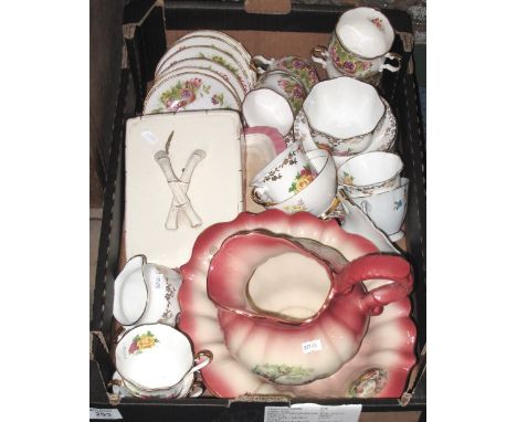 Box of assorted china to include: Regency bone china floral teaware; Staffordshire pottery jug and basin; Victorian cheese di