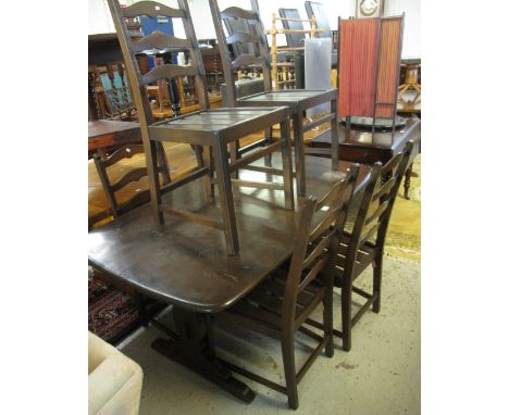 Elm Ercol refectory table, together with a set of four Ercol ladder back chairs, having gold Ercol stamp. (5)(B.P. 24% incl. 