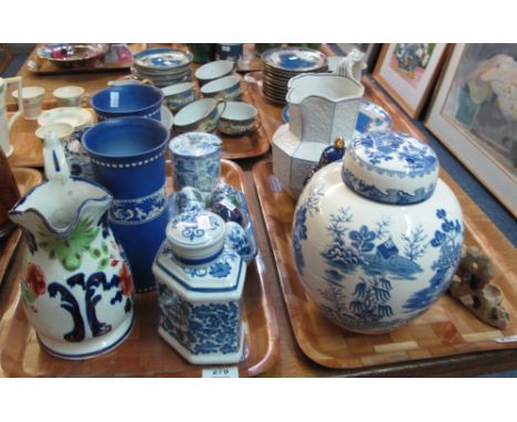 Two trays of mainly china to include: Masons blue and white Oriental design ginger jar and cover; modern blue foliate tea cad