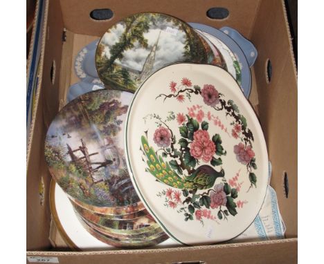 Box of assorted china to include: collectors plates; Wedgwood blue and white Jasper ware; trinket boxes; plates etc. Myott 'D