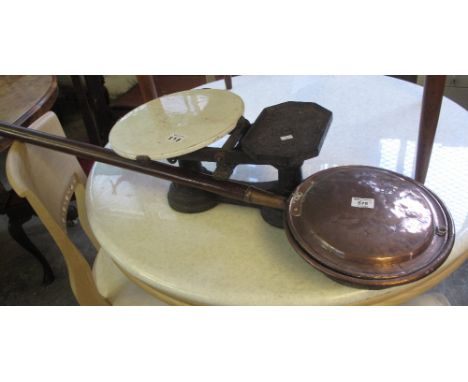 19th Century copper warming pan with turned handle together with vintage scales. (2)(B.P. 24% incl. VAT)