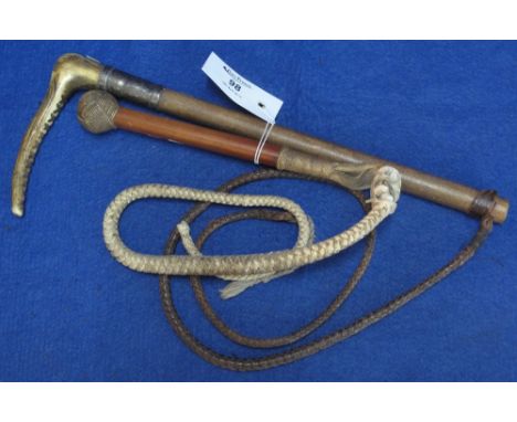 Short wooden hunting crop with bone handle, having gate push and braided lash, together with another short hunting crop with 