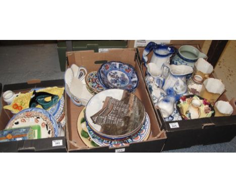 Three boxes of assorted china, various, to include: blue and white dresser jugs, floral and other dresser jugs, collectors pl