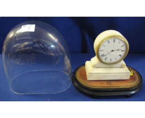 19th Century alabaster drum head mantel clock with white Roman face and French movement, on ebonised base with glass dome. Ov