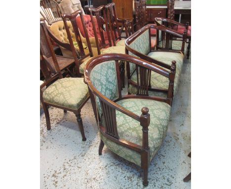 Edwardian mahogany inlaid parlour suite comprising: two seater sofa, pair of tub chairs and a set of four dining chairs with 