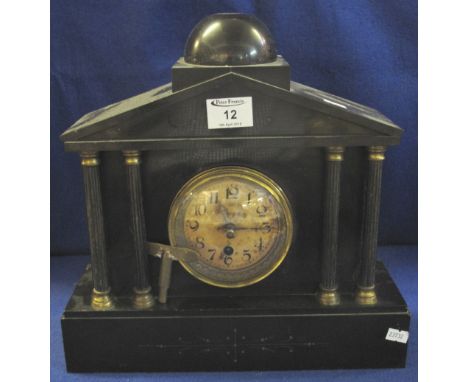 Early 20th Century black slate single train architectural mantel clock.  33cm high.(B.P. 24% incl. VAT)