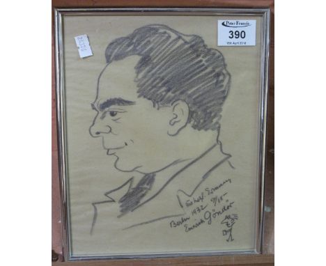 German School, cartoon portrait, annotated: 'Emerick Gondor, Berlin, 1932', pencil. 25 x 20cm approx. Modern, glazed frame. (