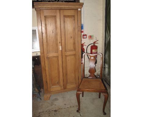 Late 19th Century pine farmhouse kitchen cupboard with dentil cornice design on bracket feet, together with a single walnut Q