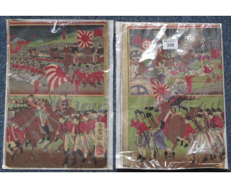 Pair of unusual Japanese woodblock prints depicting late 19th or early 20th Century Imperial army scenes with soldiers in act