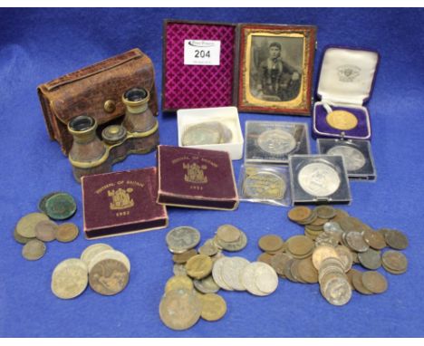 Box of assorted coins including: QEII crowns etc various, bag of mixed currency, pair of opera glasses, Ambrotype portrait in