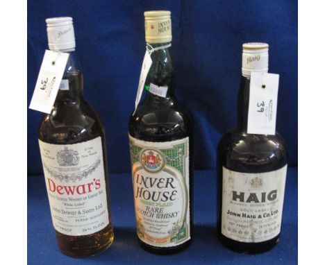 Three bottles of Scotch Whisky, Dewar's White Label (mid neck level), Haig Gold Label (lower neck level) and Inver House Gree