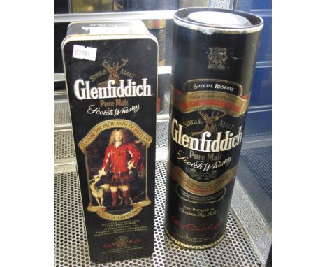 Two bottles of Glenfiddich pure malt Scotch Whisky, one in tin with mid neck level, one in unopened carton tube. (2)(B.P. 24%