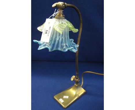 Brass desk lamp with associated vaseline glass shade.(B.P. 24% incl. VAT)   CONDITION REPORT:  Shade is badly damaged, big ch