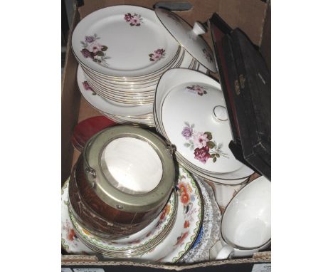 Tray of assorted china and other items to include: Old Foley floral dinnerware; other floral bowls; oak metal banded biscuit 