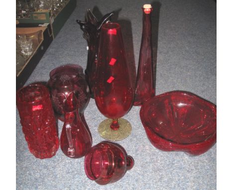 Box of assorted ruby and cranberry glass items to include: Art Glass vase; Art Glass bowl; White Friars type cylinder vase et