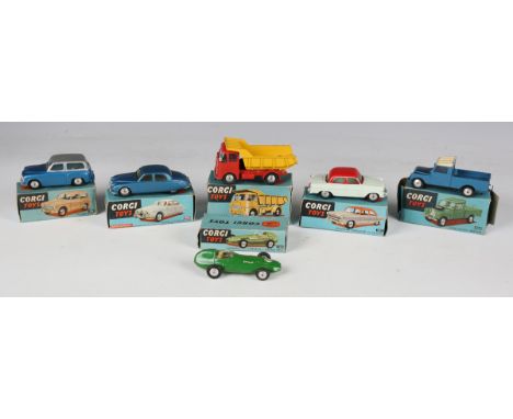 Six Corgi Toys vehicles, comprising No. 150 Vanwall, No. 206 Hillman Husky, No. 207 Standard Vanguard, No. 208m Jaguar saloon