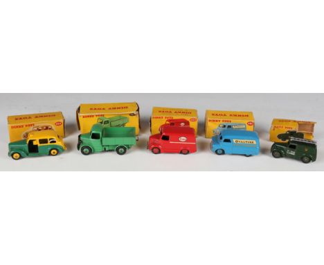 Five Dinky Toys commercial vehicles, comprising No. 481 Bedford van 'Ovaltine', No. 411 Bedford truck, No. 450 Trojan van 'Es