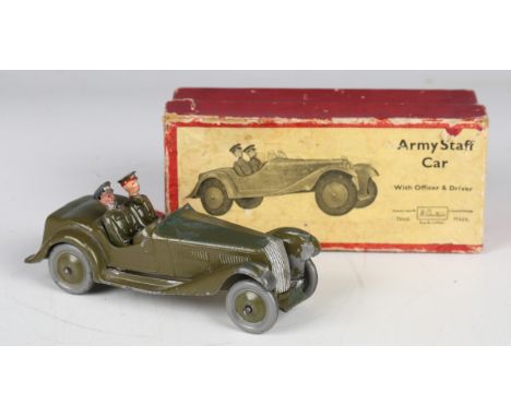 A Britains No. 1448 army staff car with driver and passenger, boxed (paint chips, lacking windscreen, box creased, torn and s