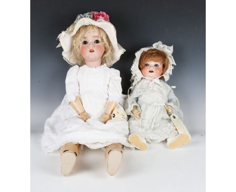 A German bisque head doll, impressed 'K H 250 Walkure 5¼', with later blonde wig, sleeping brown eyes, open mouth showing upp