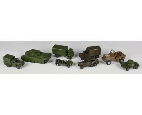 Eight Dinky Toys army vehicles, including No. 152B reconnaissance car and No. 151 six-wheeled covered wagon (some paint chips