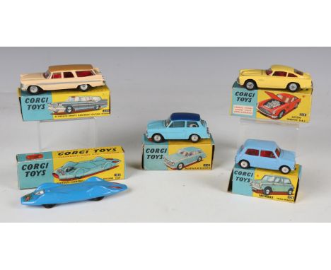 Five Corgi Toys cars, comprising No. 153 Proteus Campbell 'Bluebird', No. 216 Austin A40, No. 218 Aston Martin DB4, No. 219 P