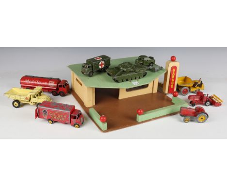 A collection of playworn diecast vehicles, including Dinky Toys and Supertoys No. 157 Jaguar, No. 504 Foden tanker 'Mobilgas'