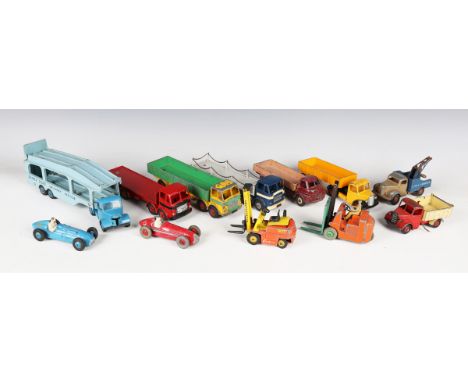 A collection of Dinky Toys and Supertoys commercial vehicles and racing cars, including seven Leyland Octopus wagons and flat