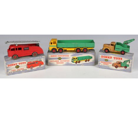 Three Dinky Toys and Supertoys vehicles, comprising No. 934 Leyland Octopus wagon, No. 430 breakdown lorry and No. 555 fire e