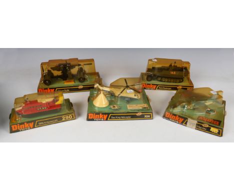 Five Dinky Toys models, comprising No. 290 SRN 6 hovercraft, No. 656 88mm gun, No. 694 tank destroyer, No. 722 Hawker Harrier