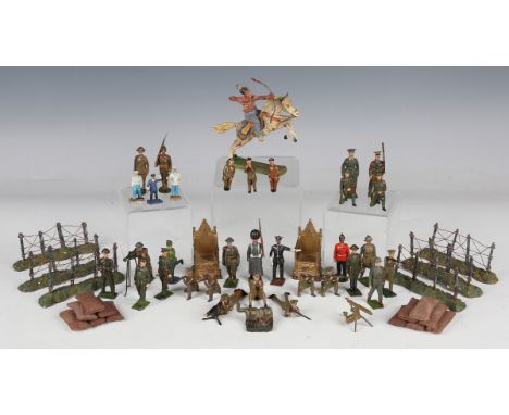 A collection of Britains First and Second World War and other lead soldiers, including two machine-gunners and four kneeling 