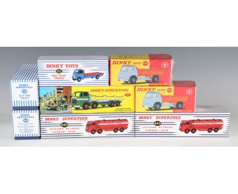 Eight Atlas Edition Dinky Toys and Supertoys commercial vehicles, comprising two No. 943 Leyland Octopus tankers 'Esso', two 