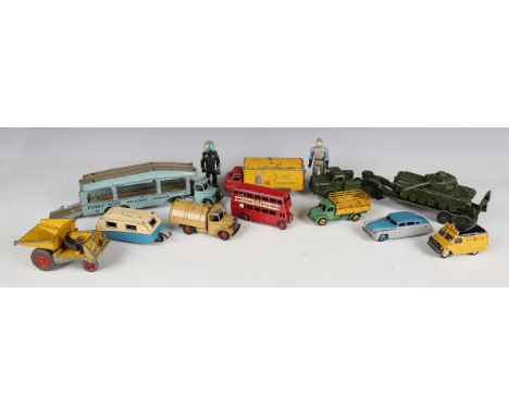 A collection of playworn diecast vehicles, including Dinky Toys and Supertoys cars, commercial vehicles and army vehicles, Ma