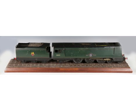 A 2½-inch scale static travel agent's model of a Merchant Navy Class locomotive 35001 'Channel Packet' and tender in BR green