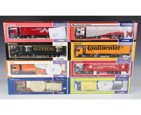 Ten Corgi 1:50 scale articulated curtainside lorries, including No. 75604 Kent Connection Ltd, No. 75407 Guinness and No. 754