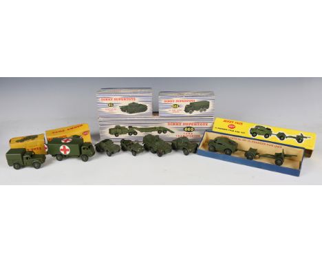 A small collection of Dinky Toys and Supertoys army vehicles, comprising No. 697 25-pounder field gun set, No. 626 military a