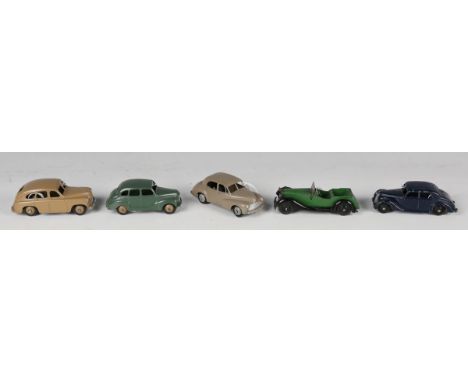 Five Dinky Toys cars, comprising No. 36F Salmson, No. 40A Riley, No. 40C Vanguard, No. 40D Austin Devon and No. 40E Vanguard 